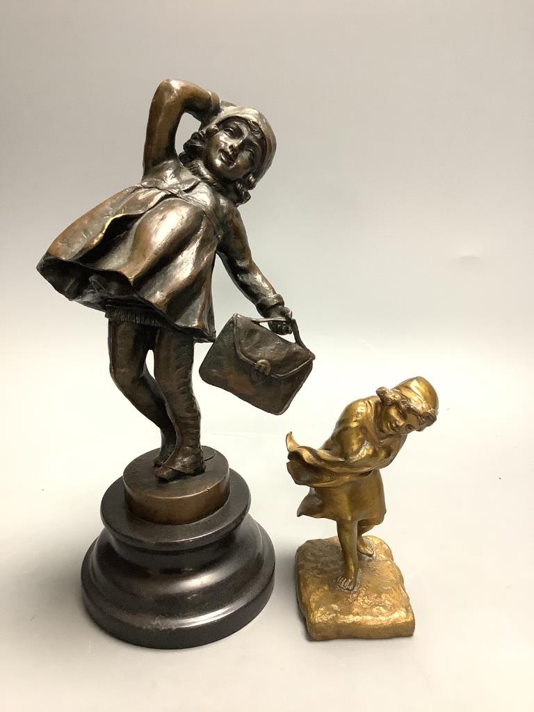 A bronze of a young girl holding a bag, after Chiparus and a smaller bronze figure, signed Rixk, tallest 25cm